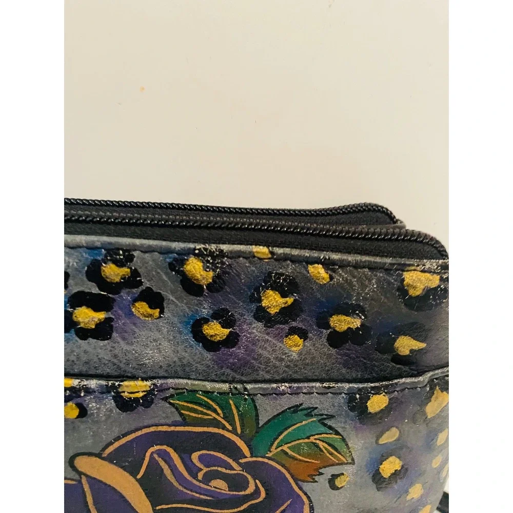 Anuschka‎ Hand Painted Leather Crossbody Bag Rose Butterfly Leopard Print Gray